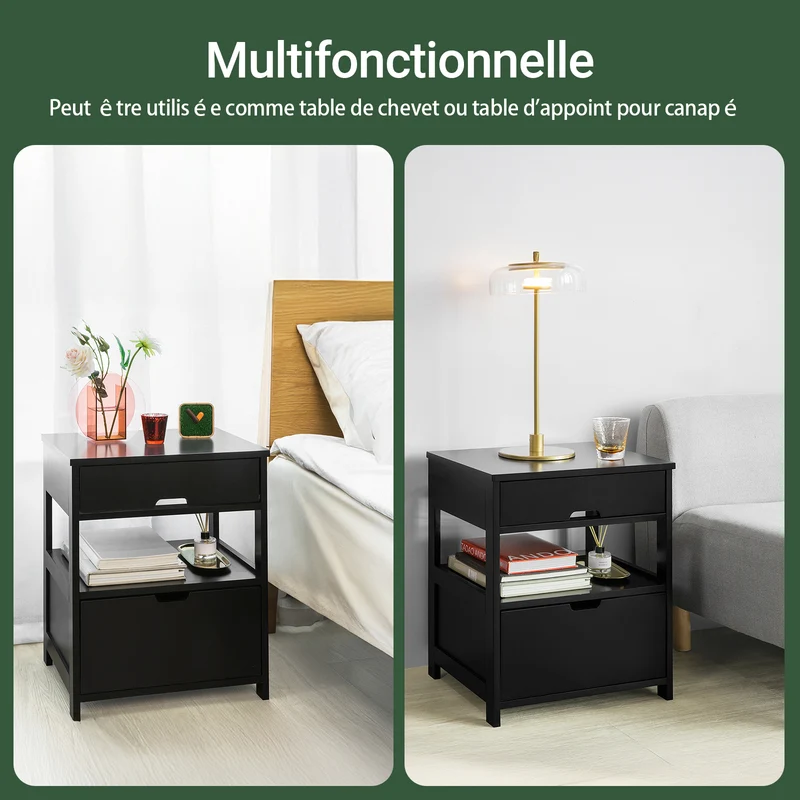 sebuyfr.comG258-SCH Table de Chevet avec 2 tiroirs et étagère, Table de Nuit pour Chambre à Coucher - Meuble de Rangement Moderne L45 x P38 x H55 cm Noir