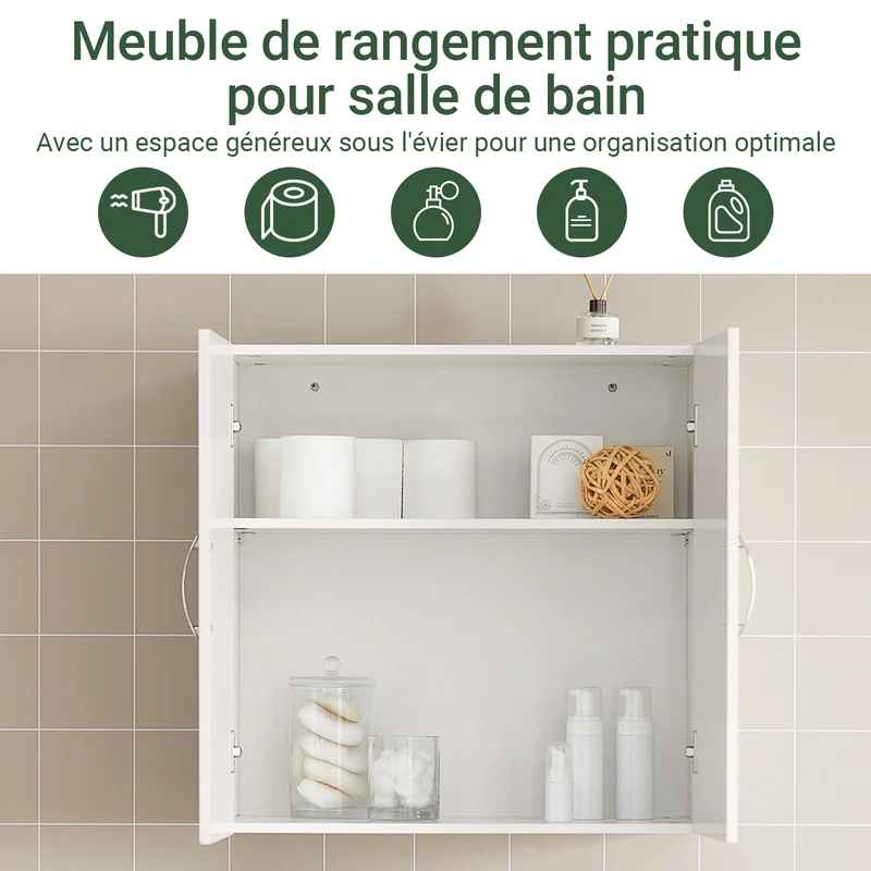 sebuyfr.comG231-W Armoire Murale Salle de Bain avec Porte et Étagère Réglable – L60×P30×H60 cm, Charge 25 kg, MDF E1, Blanc