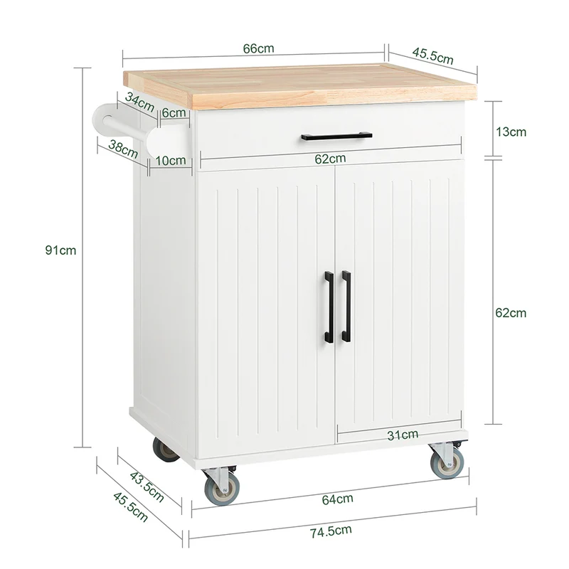 SoBuy FKW119-WN Desserte Cuisine avec Roulettes, Mobile, pour Cuisine et Salle à Manger, Rangement Optimisé – L74×P46×H91 cm, Bois d’Hévéa, Blanc et Naturel