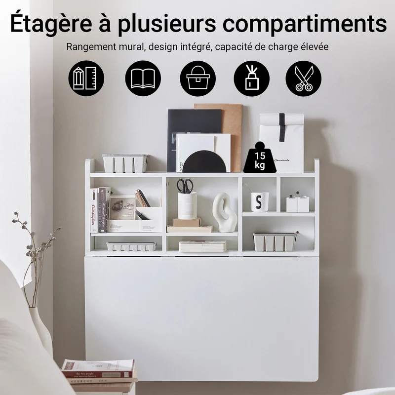 SoBuy FWT07-II-W Table murale rabattable 90 x 60 cm avec étagère intégrée – Bureau mural gain de place blanc