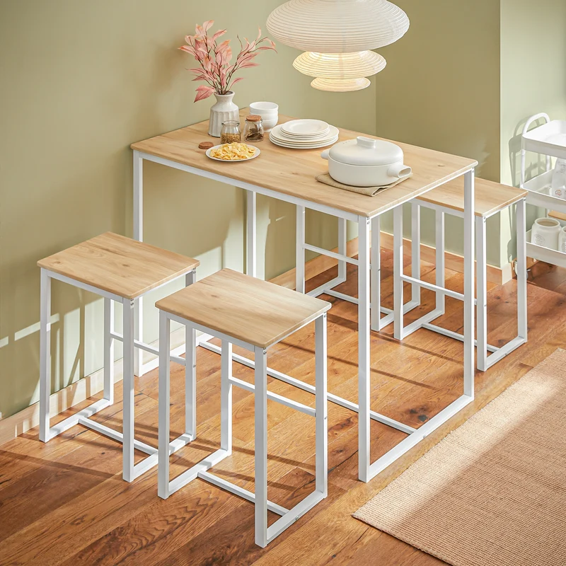 SoBuy OGT15-WN Ensemble Table Haute avec 1 Table et 4 Tabourets, Format Gain de Place, Format Compact, Design Fonctionnel – L100×P60×H96 cm, Blanc et Naturel