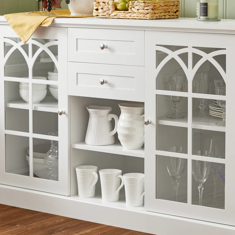 SoBuy FSB79-W Buffet Cuisine avec 2 Portes Vitrées, 2 Tiroirs et 2 Compartiments, pour Cuisine et Salle à Manger, Rangement Optimisé – L120×P39×H78 cm, Blanc