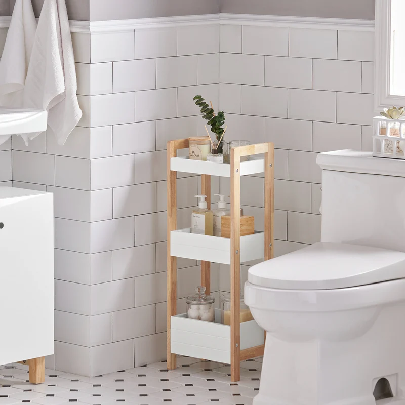 sebuyfr.comG226-WN Tour de rangement salle de bain 20 cm avec 3 paniers – Blanc et bois