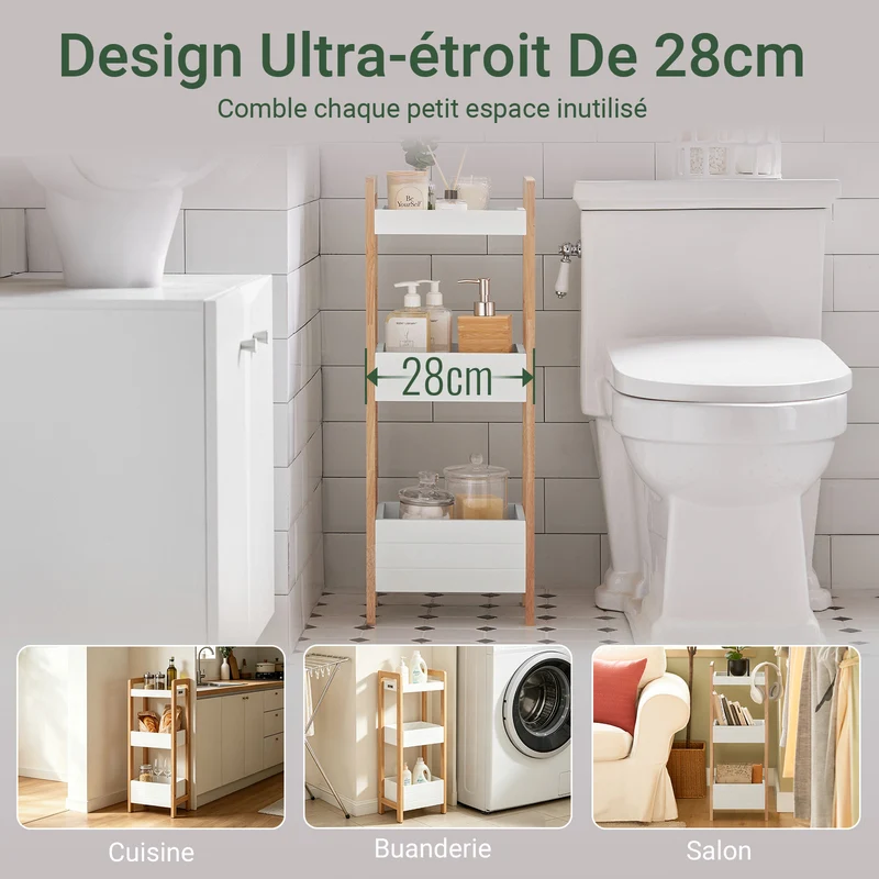 sebuyfr.comG226-WN Tour de rangement salle de bain 20 cm avec 3 paniers – Blanc et bois