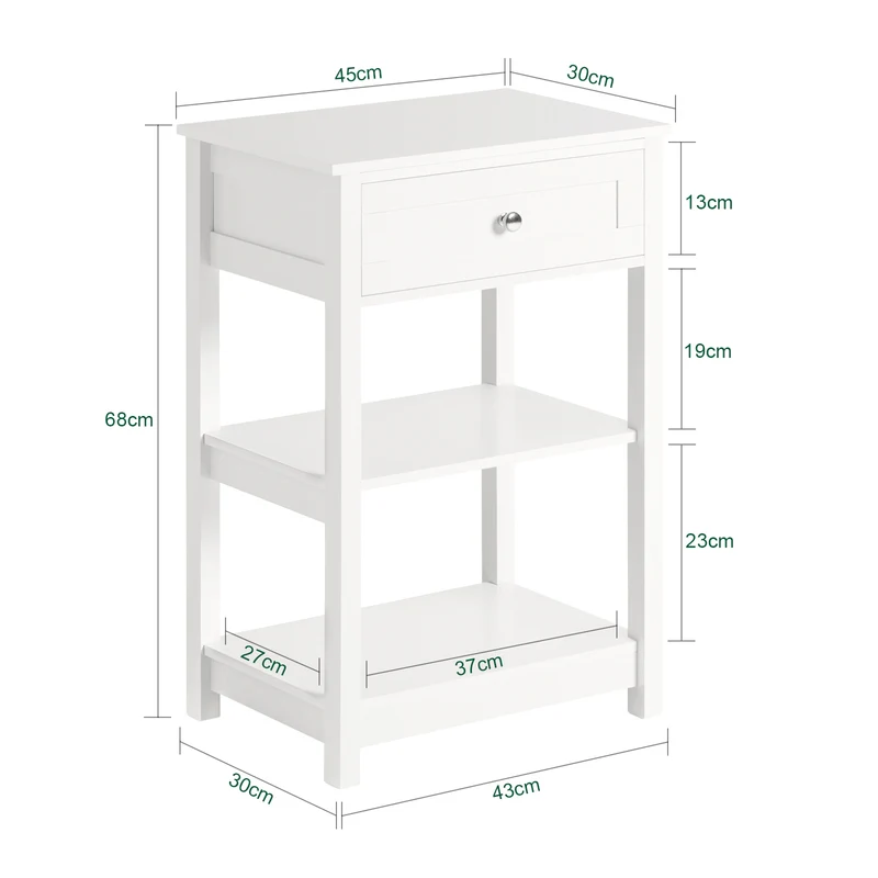 SoBuy FBT46-W Table de Chevet avec 1 Tiroir & 2 Étagères, Table d'appoint Moderne, Blanche, L45 x P30 x H68cm