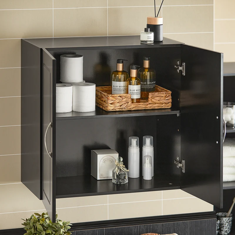 sebuyfr.comG231-SCH Meuble Haut Salle de Bain Suspendu Armoire Murale avec Étagère Réglable et Porte Rangement Mural Compact pour Salle de Bain, WC ou Cuisine Noir L60xP30xH60 cm