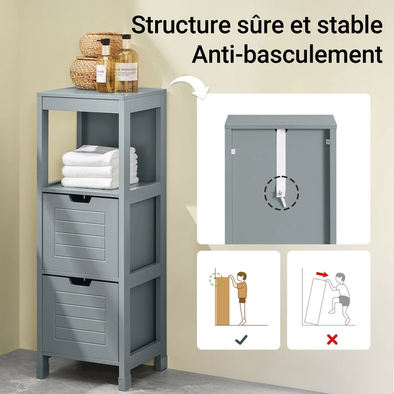 sebuyfr.comG127-SG Colonne Salle de Bain avec 2 Paniers, Format Compact, Design Moderne, pour Salle de Bain et WC, Rangement Optimisé – L30×P30×H89 cm, Bois, Gris