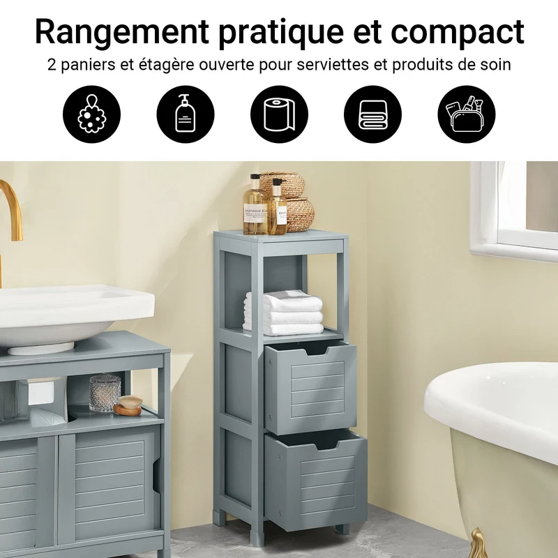 sebuyfr.comG127-SG Colonne Salle de Bain avec 2 Paniers, Format Compact, Design Moderne, pour Salle de Bain et WC, Rangement Optimisé – L30×P30×H89 cm, Bois, Gris