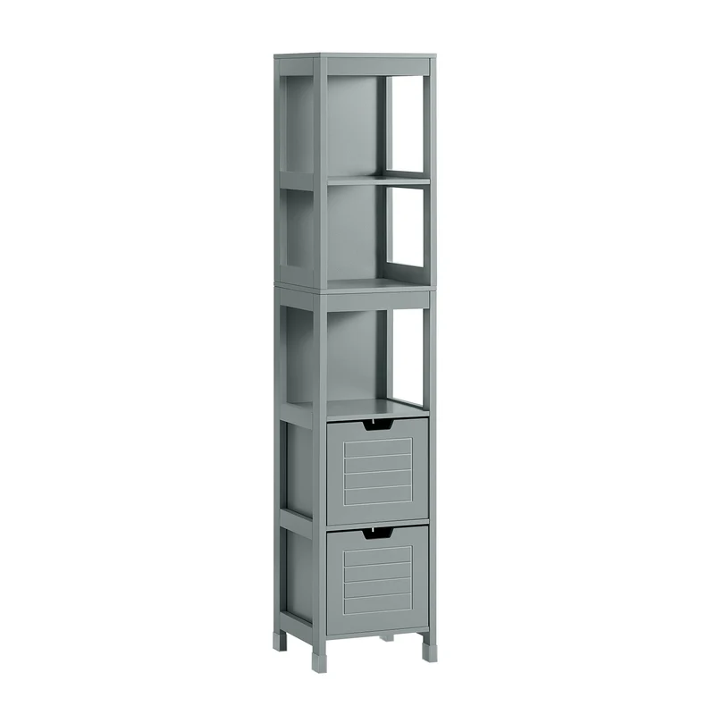 sebuyfr.comG126-SG Colonne Salle de Bain avec 4 Étagères et 2 Tiroirs, Gain de Place, pour Salle de Bain et WC, Usage Quotidien – L30×P30×H140 cm, Bois, Gris Clair