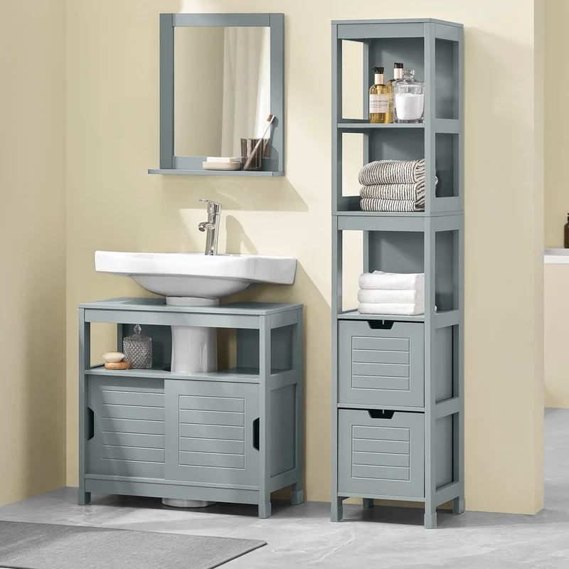 sebuyfr.comG126-SG Colonne Salle de Bain avec 4 Étagères et 2 Tiroirs, Gain de Place, pour Salle de Bain et WC, Usage Quotidien – L30×P30×H140 cm, Bois, Gris Clair