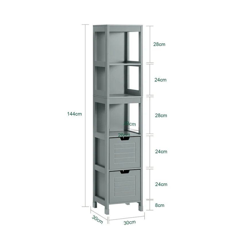 sebuyfr.comG126-SG Colonne Salle de Bain avec 4 Étagères et 2 Tiroirs, Gain de Place, pour Salle de Bain et WC, Usage Quotidien – L30×P30×H140 cm, Bois, Gris Clair