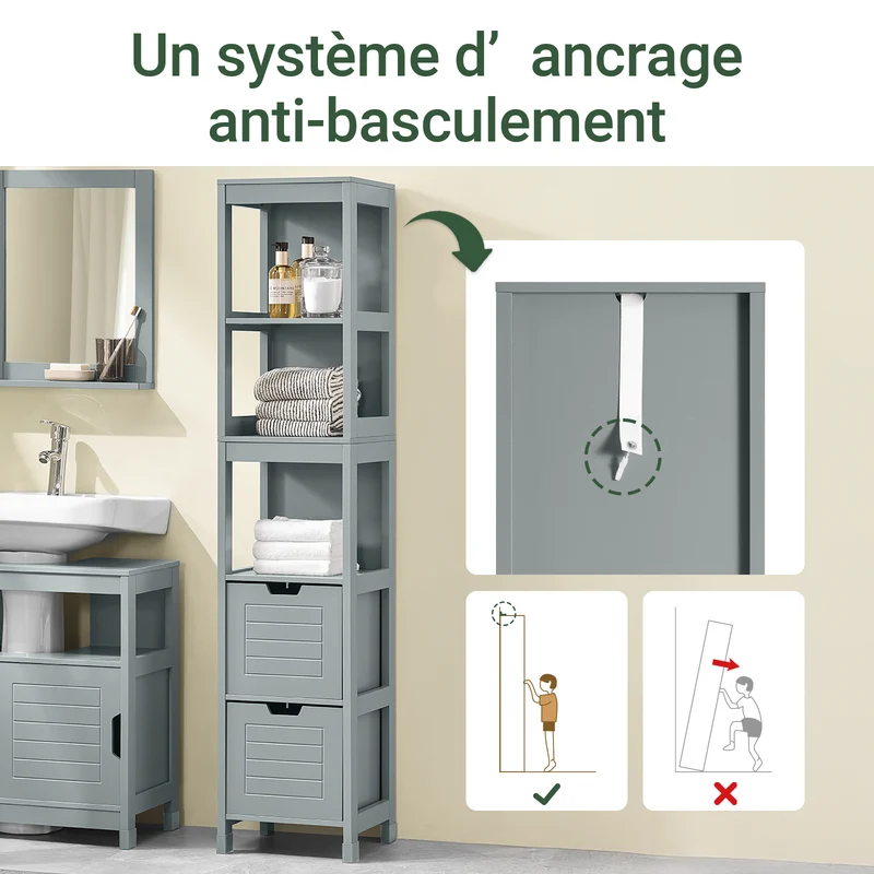 sebuyfr.comG126-SG Colonne Salle de Bain avec 4 Étagères et 2 Tiroirs, Gain de Place, pour Salle de Bain et WC, Usage Quotidien – L30×P30×H140 cm, Bois, Gris Clair