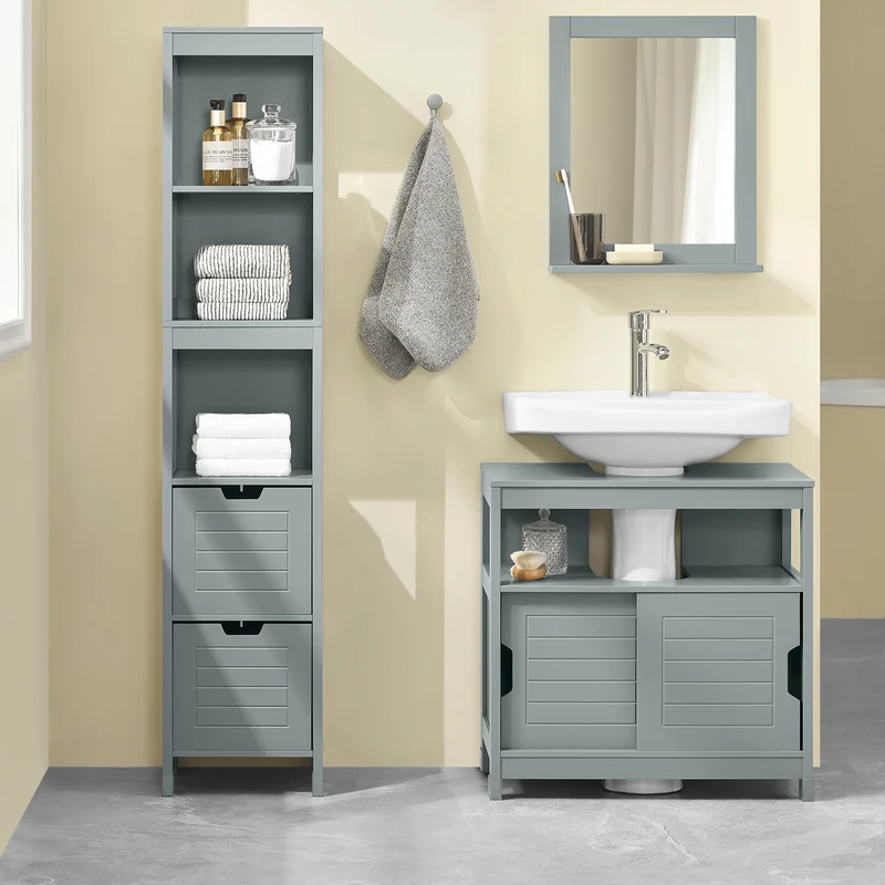 sebuyfr.comG126-SG Colonne Salle de Bain avec 4 Étagères et 2 Tiroirs, Gain de Place, pour Salle de Bain et WC, Usage Quotidien – L30×P30×H140 cm, Bois, Gris Clair