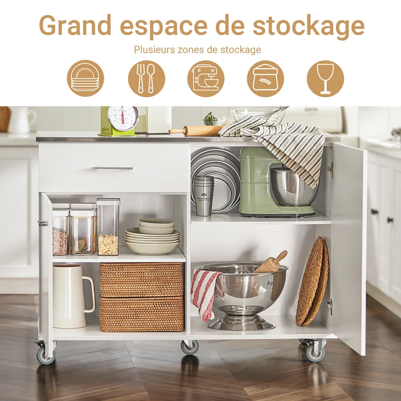 SoBuy FKW117-W Desserte Cuisine avec Roulettes et 1 Tiroir, Mobile, pour Cuisine et Salle à Manger, Rangement Optimisé – L120×P56×H90 cm, Bois + Inox, Blanc