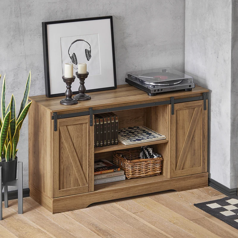 SoBuy FSB60-BR Buffet Meuble de Rangement avec Porte de Grange Coulissante, Commode Multifonction pour Entrée Salon Cuisine – 120x40x70 cm, Marron Clair
