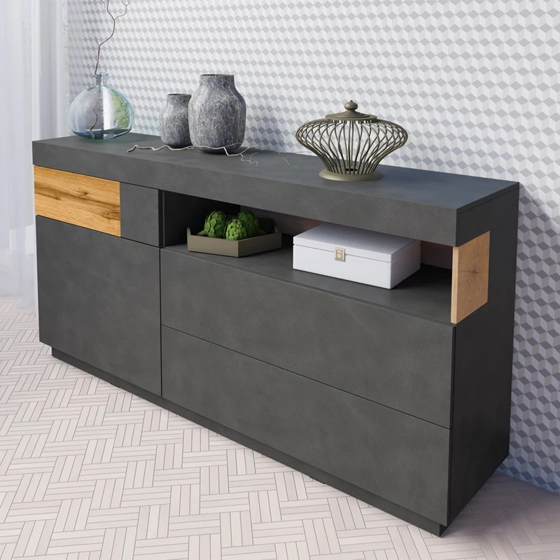 Buffet 1 porte 3 tiroirs Andrea Gris anthracite et Bois