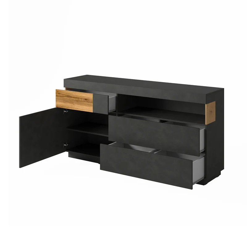 Buffet 1 porte 3 tiroirs Andrea Gris anthracite et Bois