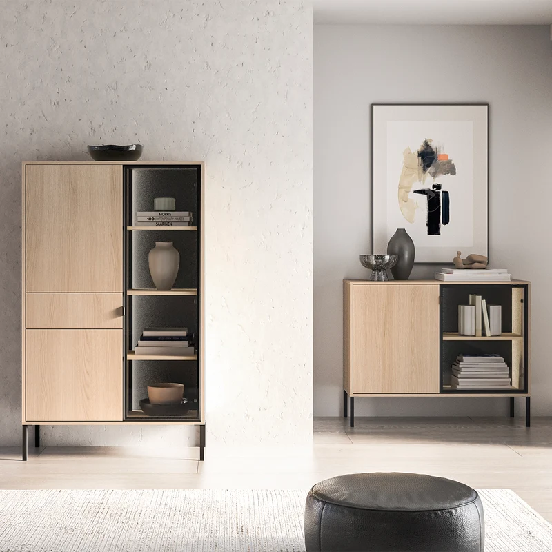 Vaisselier 3 portes 1 tiroir LED inclus Paige Bois et Noir