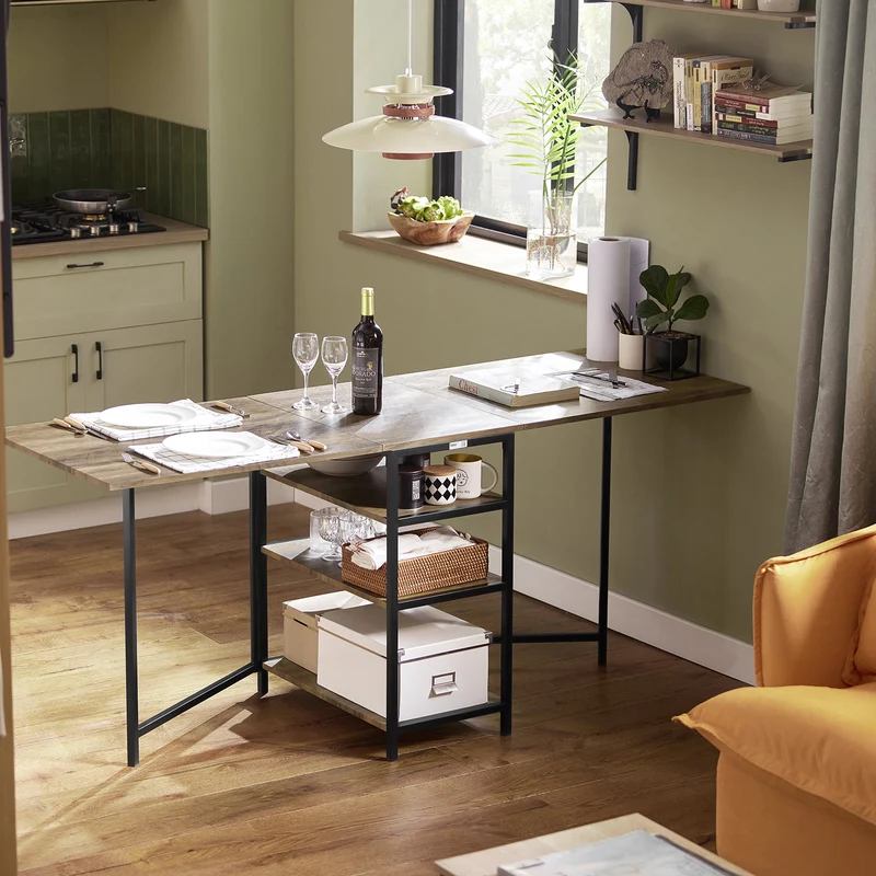 SoBuy FWT62-N Table Pliante avec 2 Abattants et 3 Étagères de Rangement, Table de Cuisine Salle à Manger Pliable, Économie d'espace, 180 x 60 x 77cm