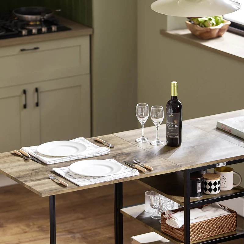 SoBuy FWT62-N Table Pliante avec 2 Abattants et 3 Étagères de Rangement, Table de Cuisine Salle à Manger Pliable, Économie d'espace, 180 x 60 x 77cm