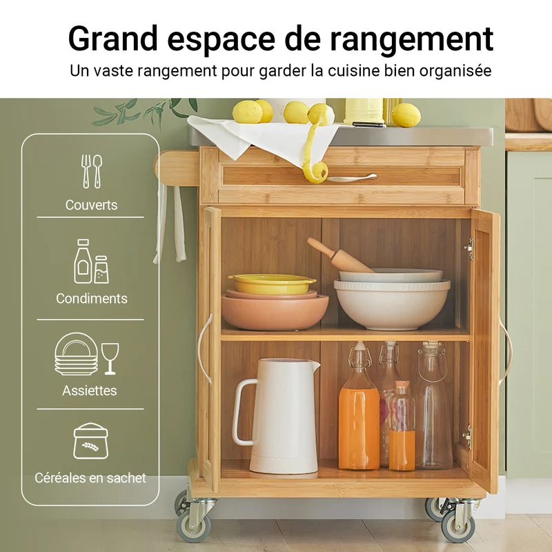 SoBuy FKW13-N Desserte de Cuisine à Roulettes en Bambou avec Plan de Travail INOX, 1 Tiroir et 2 Portes, Chariot de Service – 66x46x92 cm, Naturel