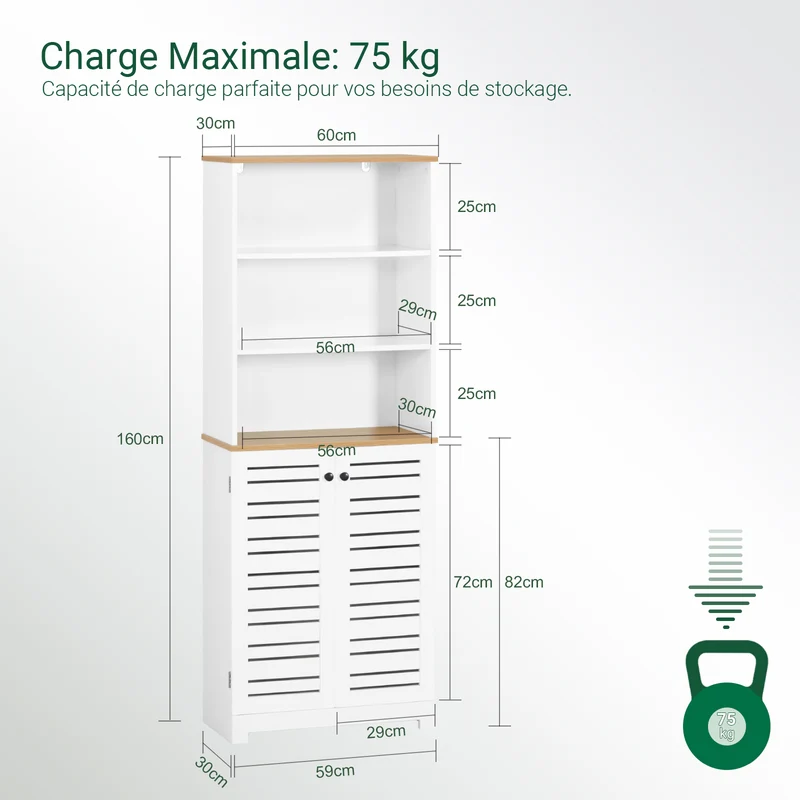 SoBuy BZR44-W Meuble Colonne de Salle de Bain Armoire Haute Meuble de Rangement avec 3 Etagères et 2 Portes persiennes