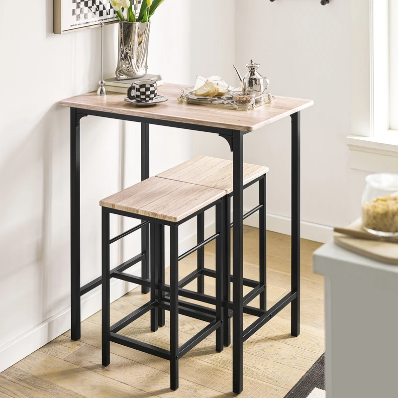 SoBuy OGT10-N Ensemble Table Haute + 2 Tabourets avec Repose-Pieds – L80 × P50 × H87 cm, Naturel
