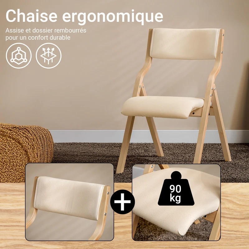 SoBuy FST40-W Chaise Pliante Confortable en Bois – Assise et Dossier Rembourrés – Blanc