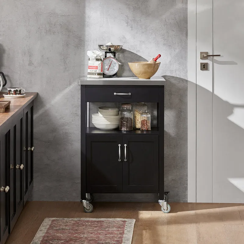 SoBuy FKW22-SCH Desserte de Cuisine à Roulettes avec Plan de Travail INOX, 1 Tiroir, 1 Étagère et 2 Portes, Chariot Multifonction – 60x45x92 cm, Noir