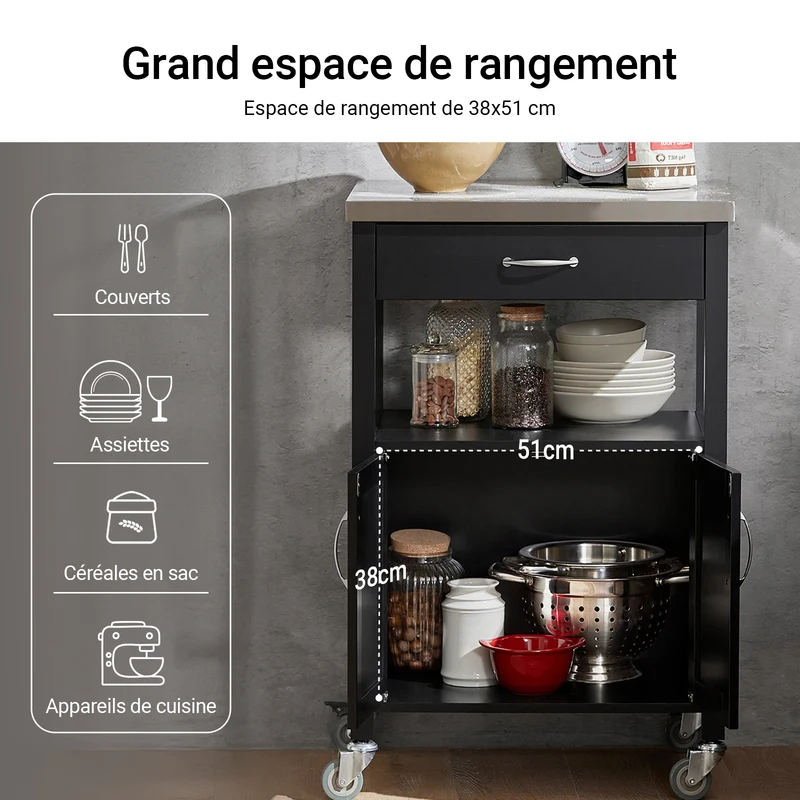 SoBuy FKW22-SCH Desserte de Cuisine à Roulettes avec Plan de Travail INOX, 1 Tiroir, 1 Étagère et 2 Portes, Chariot Multifonction – 60x45x92 cm, Noir