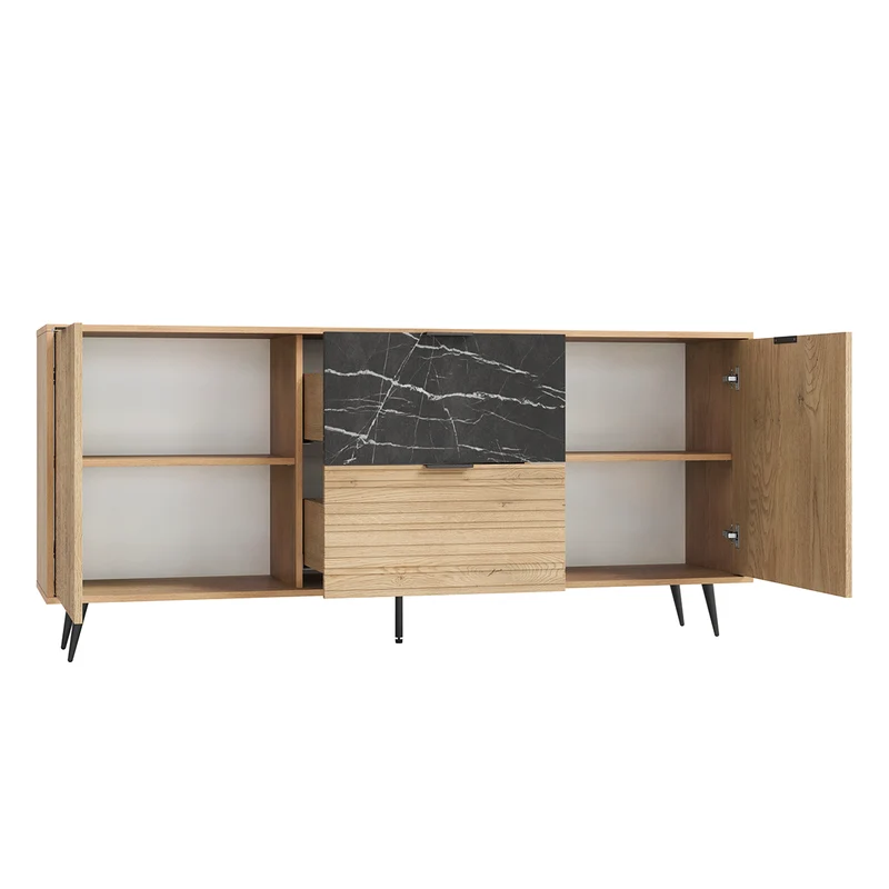 Buffet long 2 portes 2 tiroirs Luka Bois et Noir