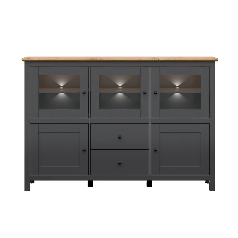 Buffet 5 portes 2 tiroirs avec LED Duck Gris anthracite et Bois