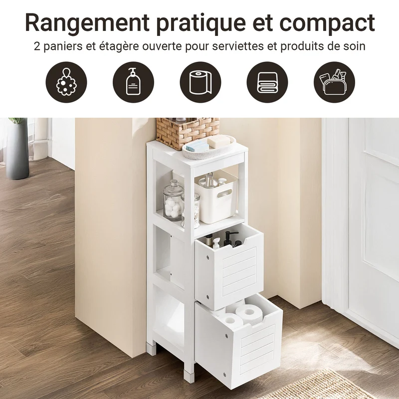 sebuyfr.comG127-W Colonne Salle de Bain avec 2 Paniers, Format Compact, Design Moderne, pour Salle de Bain et WC, Rangement Optimisé – L30×P30×H89 cm, Bois, Blanc