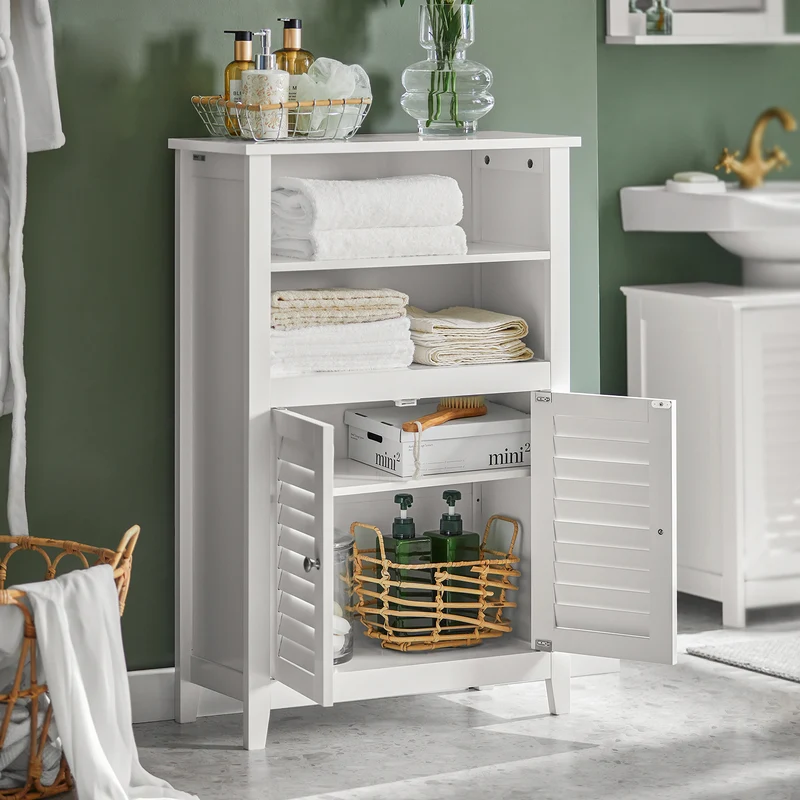 SoBuy BZR13-W Armoire de Salle de Bain – 26 cm de Profondeur, Étagères Ouvertes et Compartiment Fermé, Blanc