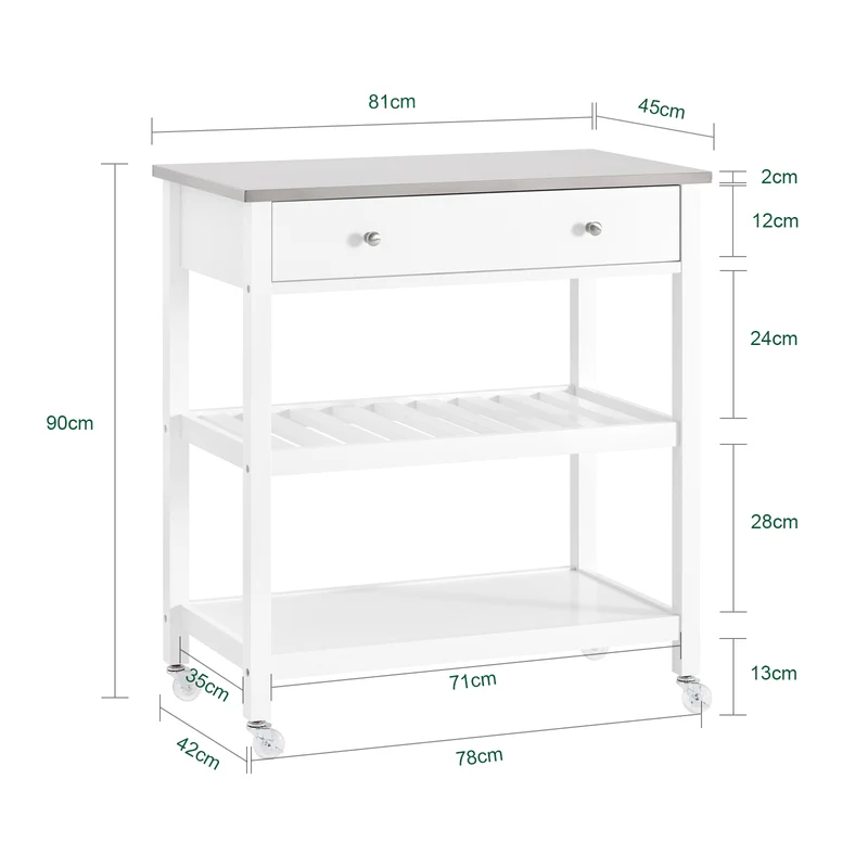SoBuy FKW47-II-W Desserte de Cuisine à Roulettes – Plateau INOX, 1 Tiroir, 2 Étagères, Blanc