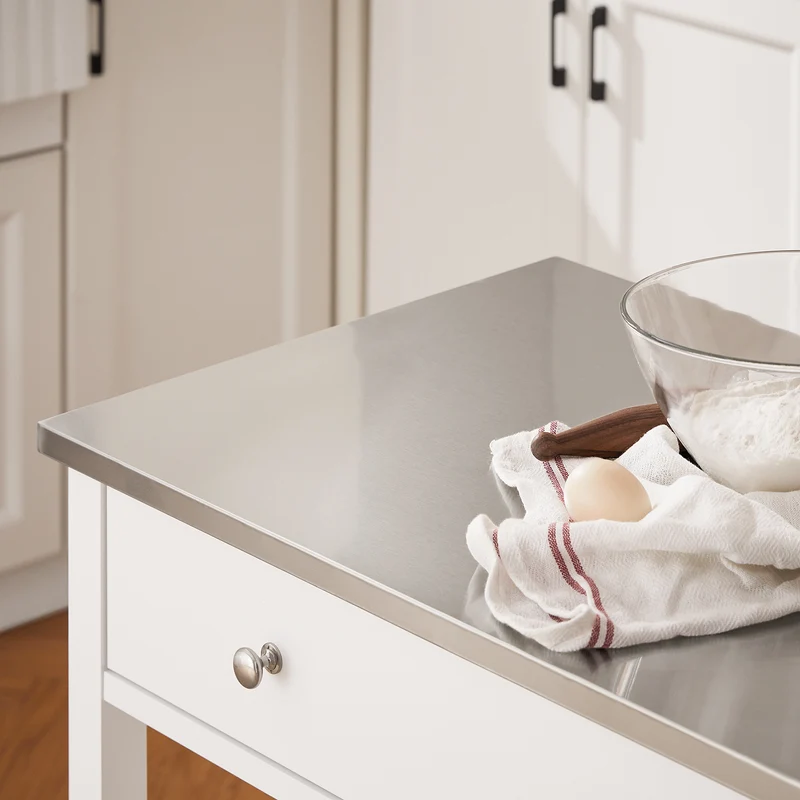 SoBuy FKW47-II-W Desserte de Cuisine à Roulettes – Plateau INOX, 1 Tiroir, 2 Étagères, Blanc