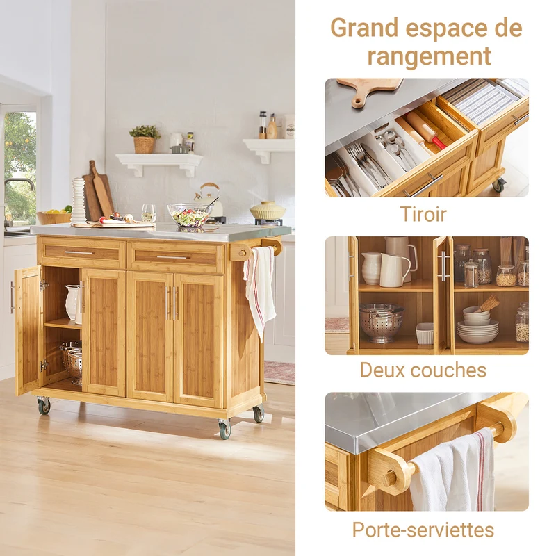 SoBuy FKW69-N Desserte de Cuisine à Roulettes, Plan de Travail INOX Extensible 46→71cm, 2 Tiroirs, Étagères Réglables, Charge 100 kg – 115x46x92 cm