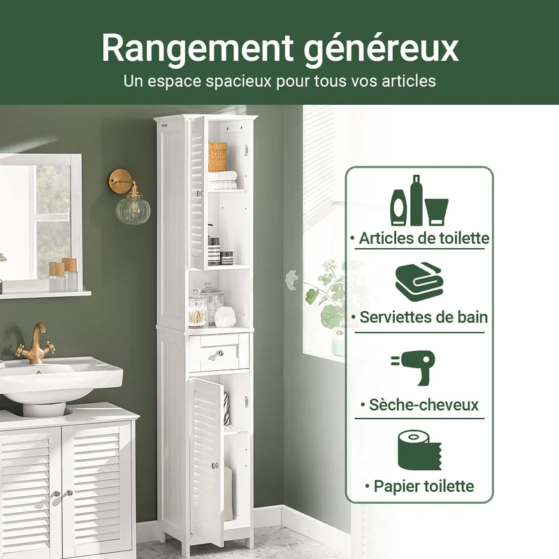 sebuyfr.comG236-W Colonne de Salle de Bain – 32 cm, 2 Portes Persiennes, Tiroir et Niche, Blanc