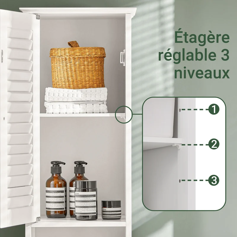 sebuyfr.comG236-W Colonne de Salle de Bain – 32 cm, 2 Portes Persiennes, Tiroir et Niche, Blanc
