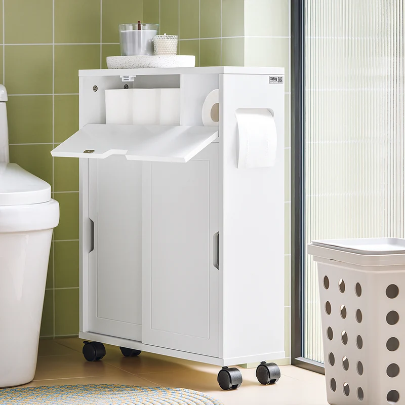 SoBuy BZR31-W Armoire Salle de Bain avec Roulettes et Portes Coulissantes, Gain de Place, Usage Polyvalent, Mobile, Rangement Optimisé – L52×P17×H68 cm, Blanc