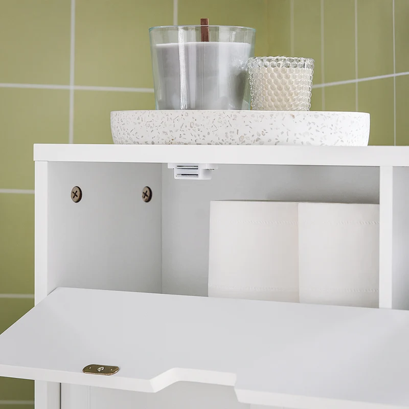 SoBuy BZR31-W Armoire Salle de Bain avec Roulettes et Portes Coulissantes, Gain de Place, Usage Polyvalent, Mobile, Rangement Optimisé – L52×P17×H68 cm, Blanc