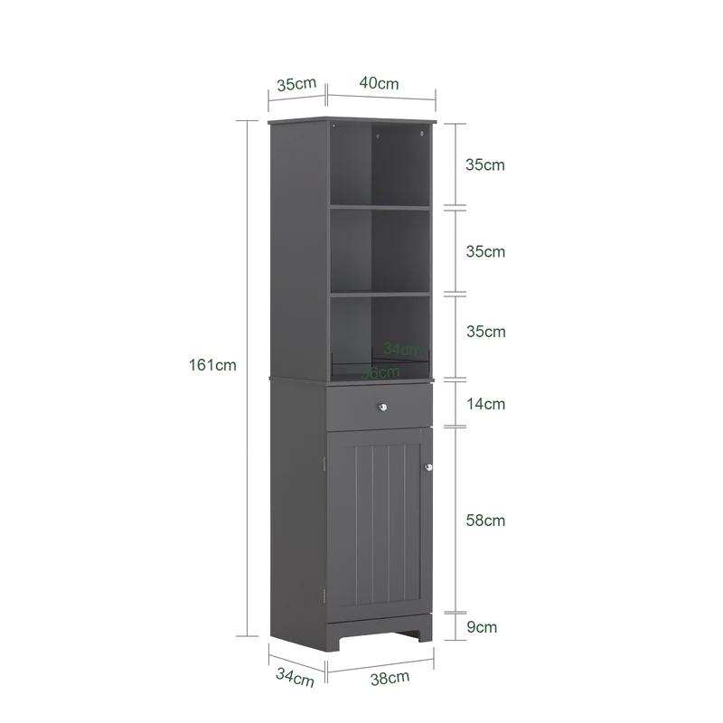 SoBuy BZR17-DG Colonne Salle de Bain Meuble Salle de Bain Rangement avec Armoire et 3 Étagères Ouvertes, Petit Meuble Compact avec 1 Tiroir pour WC, Chambre 40x161x35 cm