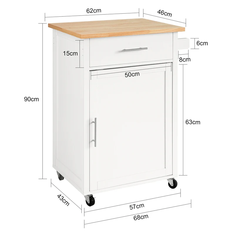 SoBuy FKW102-WN Desserte de Cuisine à Roulettes avec Plan de Travail, 1 Tiroir, 1 Porte et Porte-Torchon, Charge 45 kg – 68x46x90 cm, Blanc et Naturel