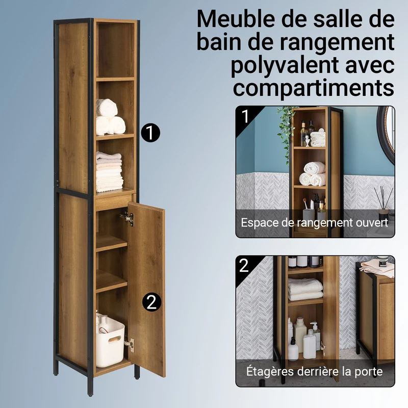 SoBuy BZR62-PF Colonne Salle de Bain avec 3 Compartiments Ouverts et 1 Porte, Gain de Place, Style Industriel, pour Salle de Bain et WC – L30×P28×H168 cm