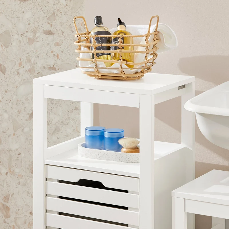 SoBuy BZR67-W Meuble Bas Armoire Toilette avec 1 Panier bac à Linge basculant Meuble de Rangement Corbeille à Linge Coffre à Linge