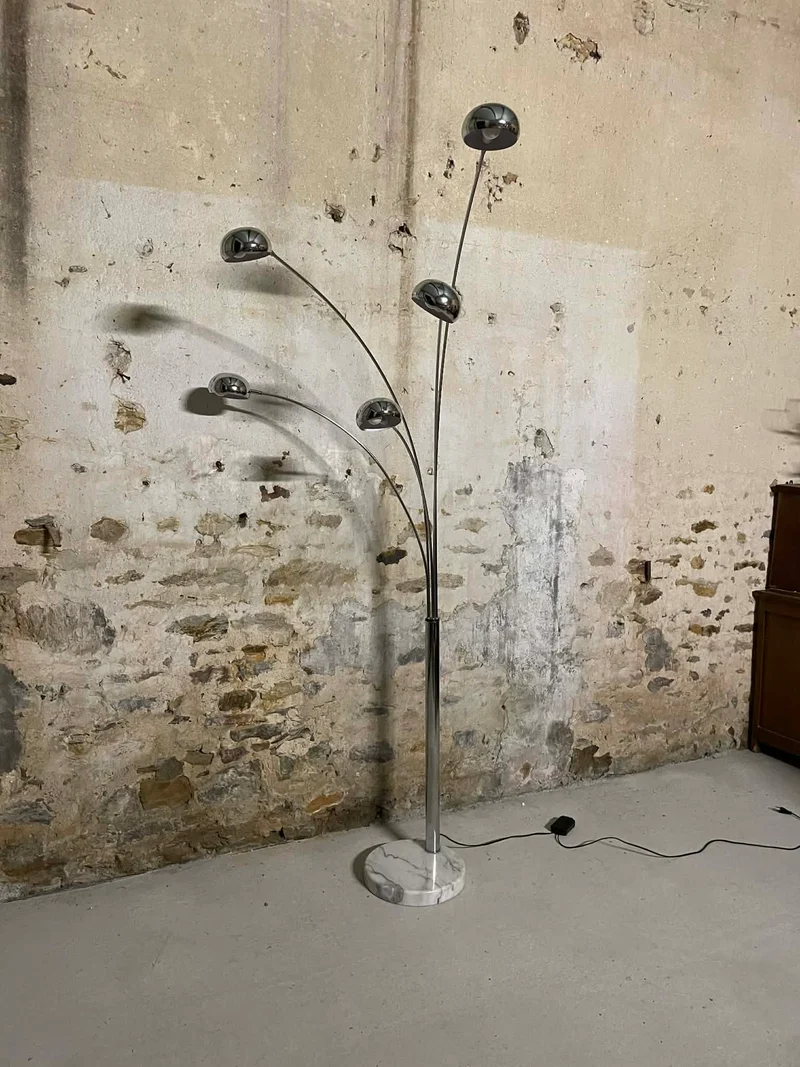 Lampadaire vintage arc chrome et marbre 5 branches années 70
