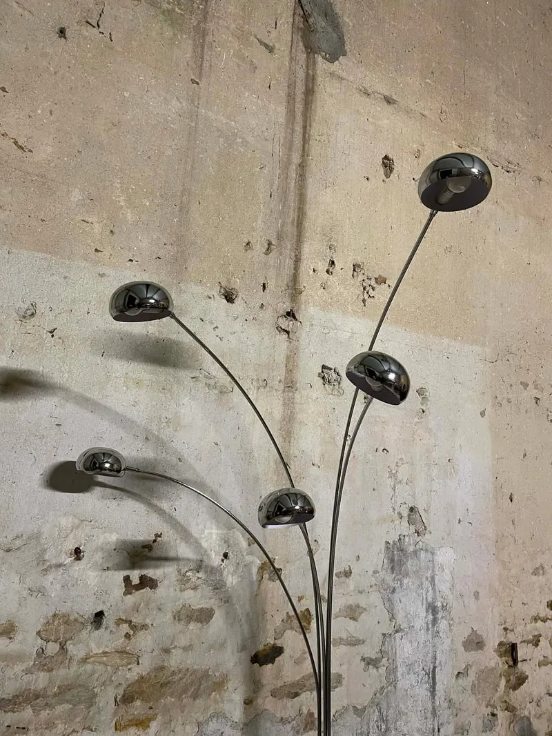 Lampadaire vintage arc chrome et marbre 5 branches années 70