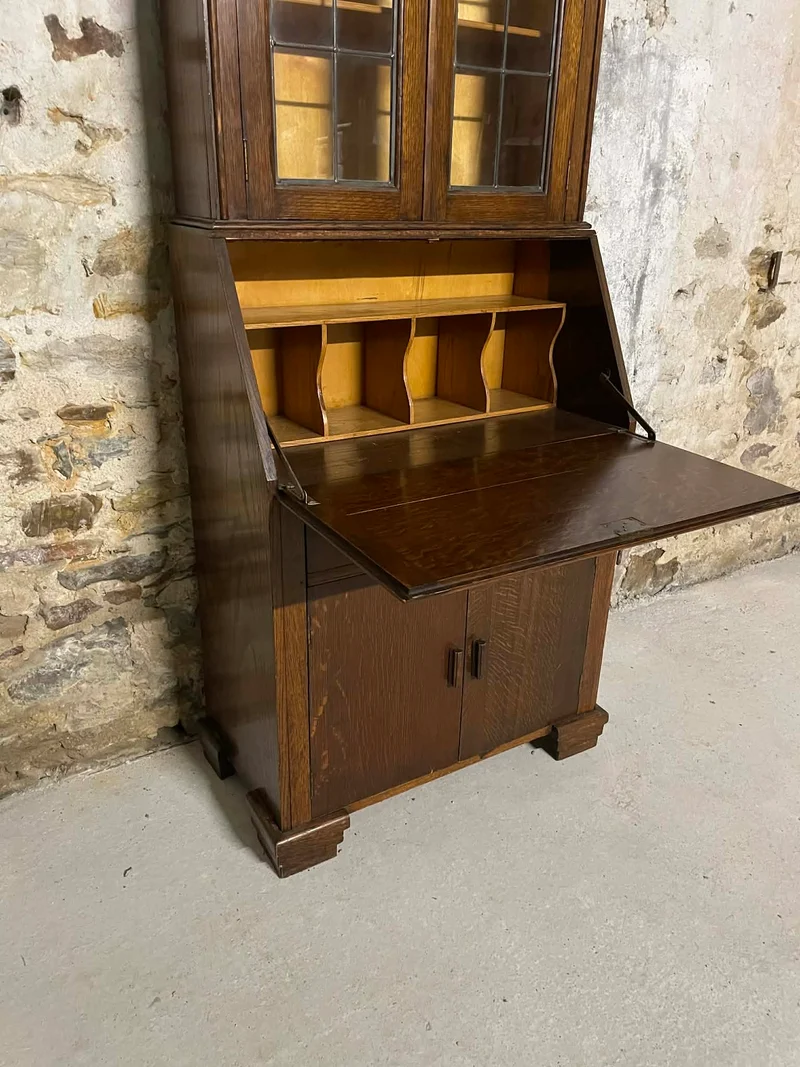 Secrétaire vitrine en chêne meuble 2 corps avec abattant