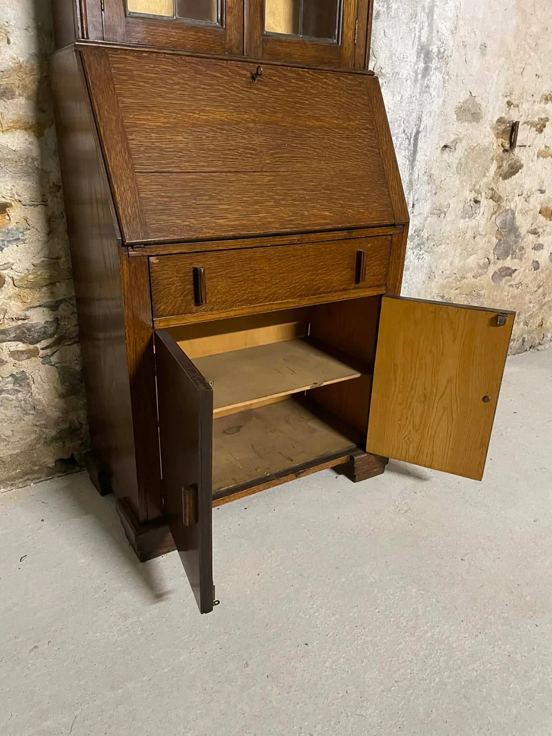 Secrétaire vitrine en chêne meuble 2 corps avec abattant