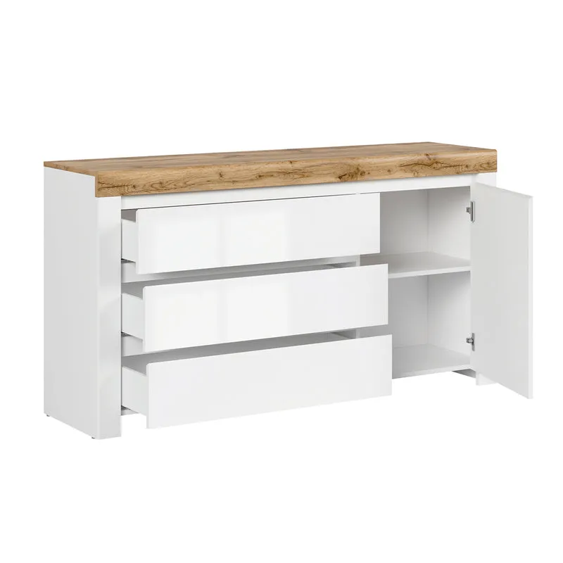 Buffet 3 tiroirs 1 porte Hella Blanc et Bois